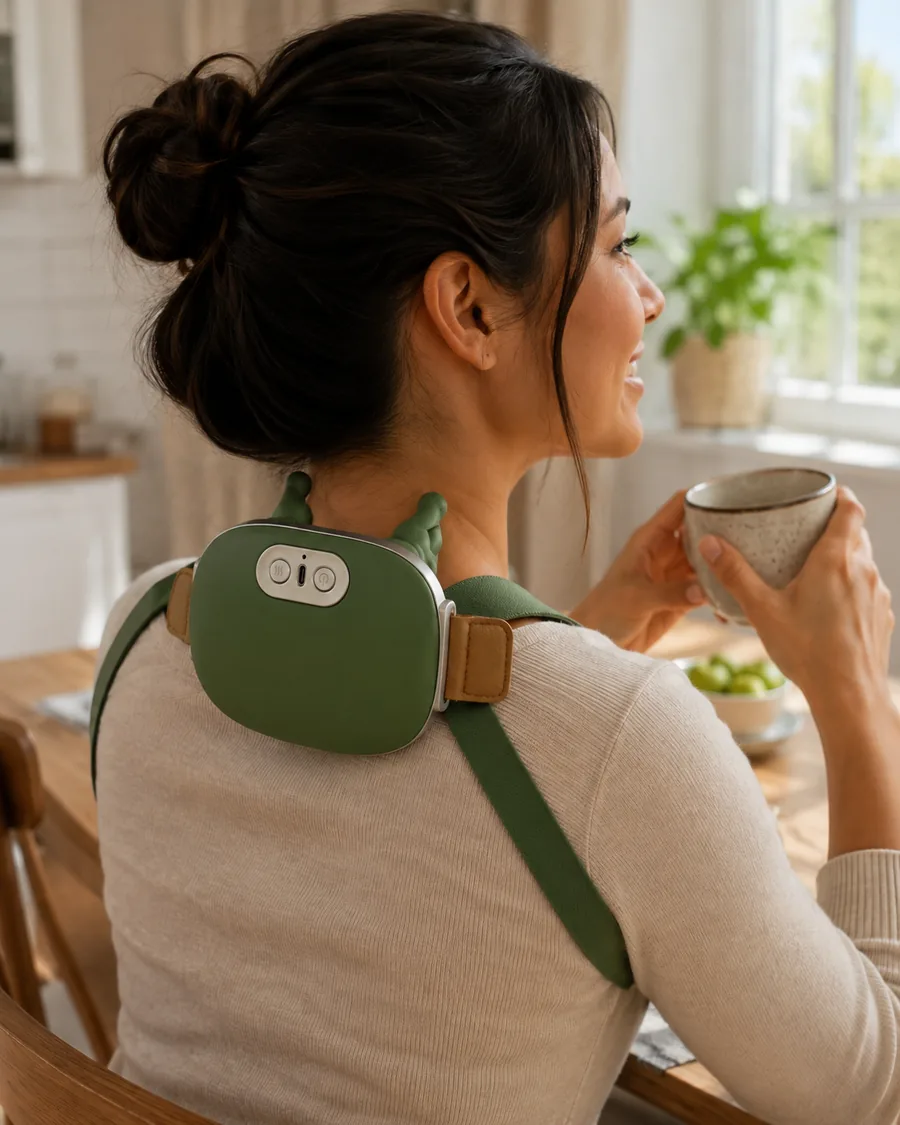 Una persona con l’apparecchio indosso al tavolo della cucina la mattina, una tazza fra le mani