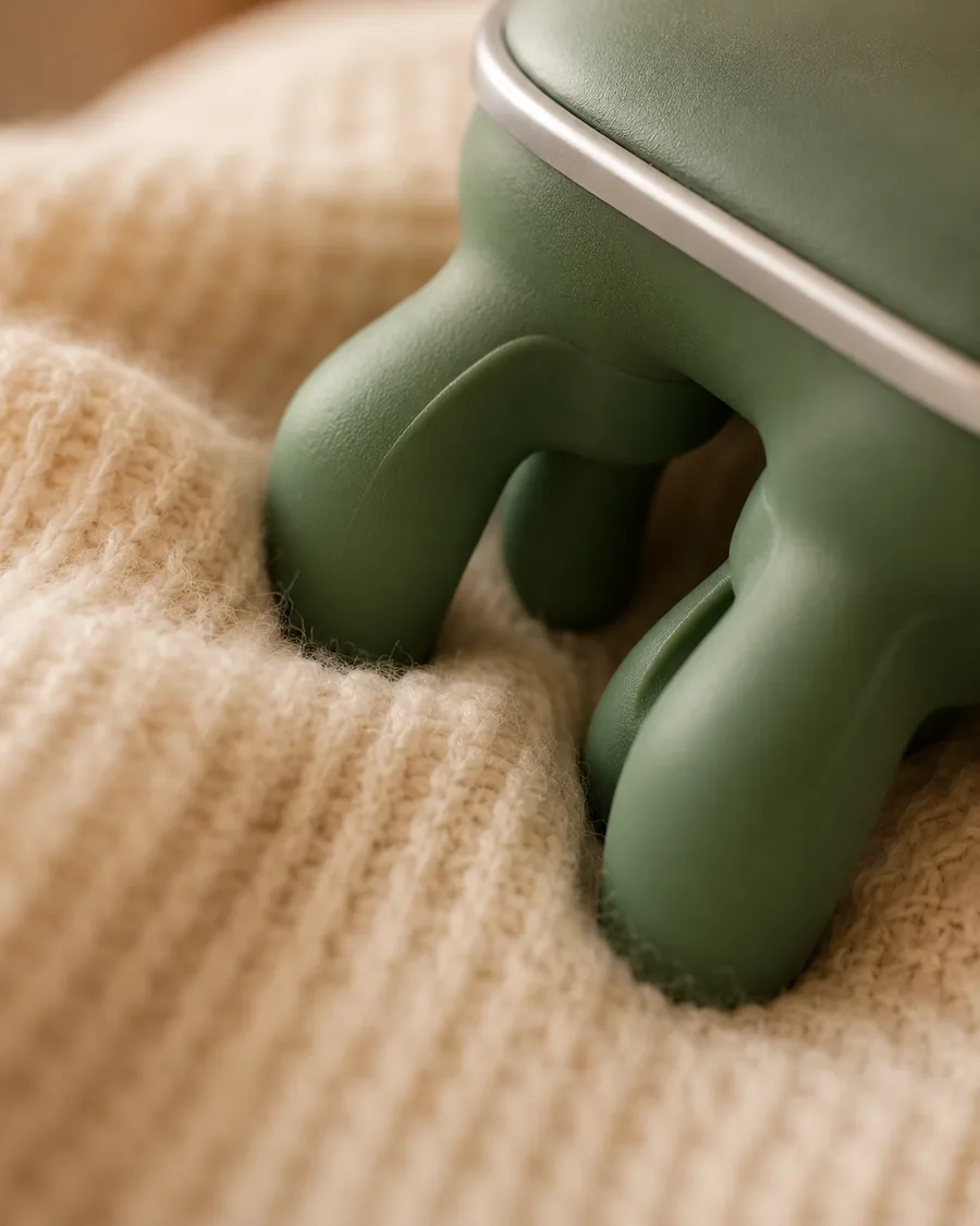 Primo piano delle dita in silicone verde che premono su una coperta di maglia color crema