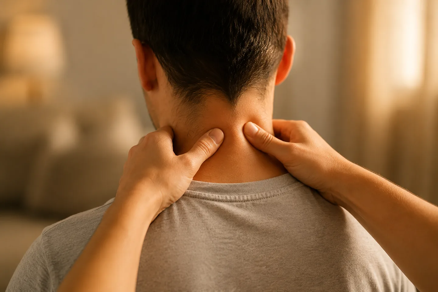 Due mani nude che premono ai lati del collo, alla base della nuca