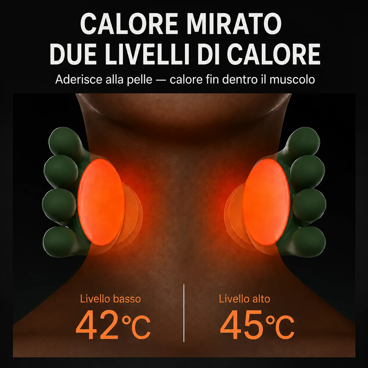 I due livelli di calore sul collo: livello basso 42 °C e livello alto 45 °C