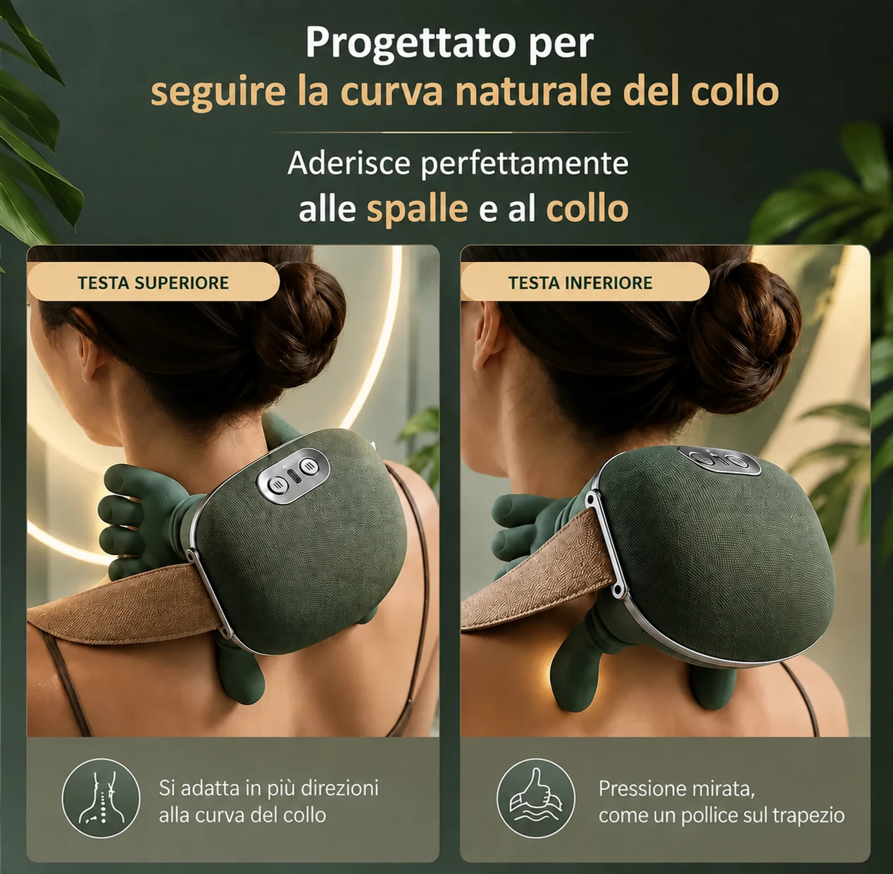 L’apparecchio visto da dietro sulle spalle, testa di massaggio superiore e inferiore, progettato per seguire la curva del collo