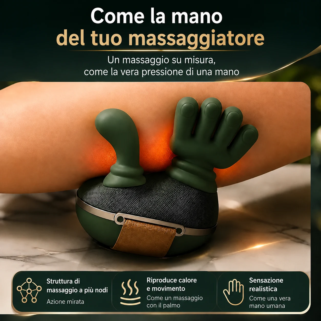 Le due teste da vicino su un avambraccio: la testa a forma di pollice a sinistra e quella con cinque dita in silicone a destra