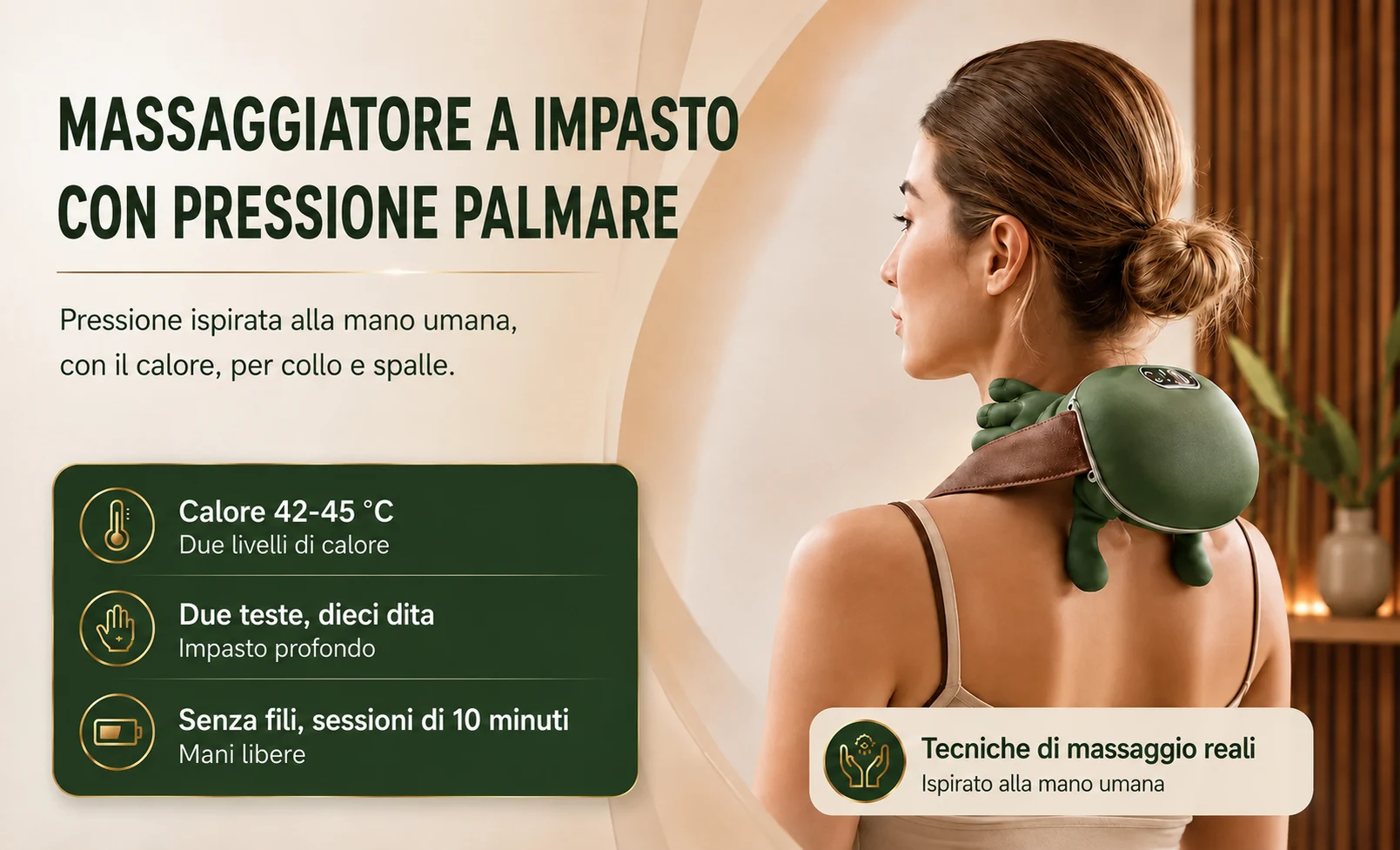 L’apparecchio a impasto con pressione palmare attorno alle spalle, calore 42-45 °C, due teste con dieci dita, senza fili