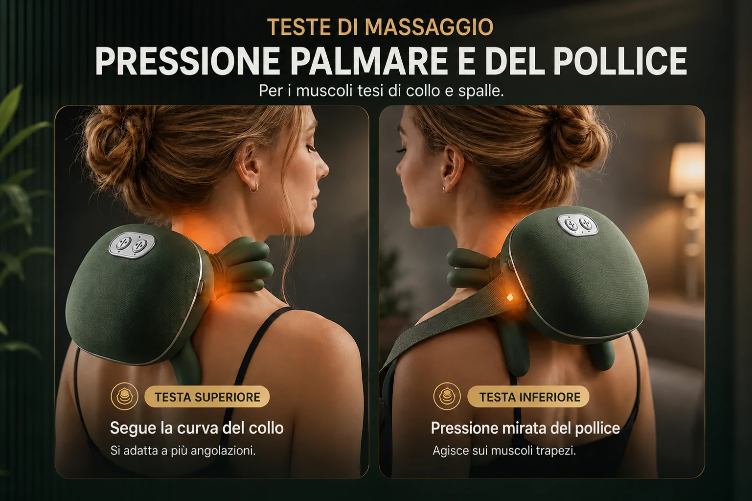 Le due teste di massaggio: quella superiore segue la curva del collo, quella inferiore dà una pressione mirata sul trapezio